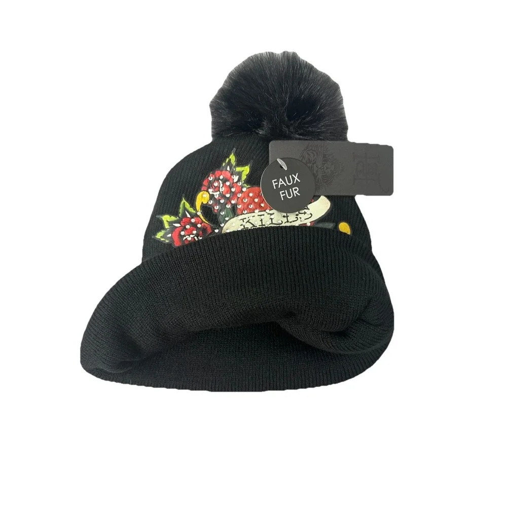 Ed Hardy Unisex's Knit Faux Fur Pom Black Beanie Hat One‎ Size New